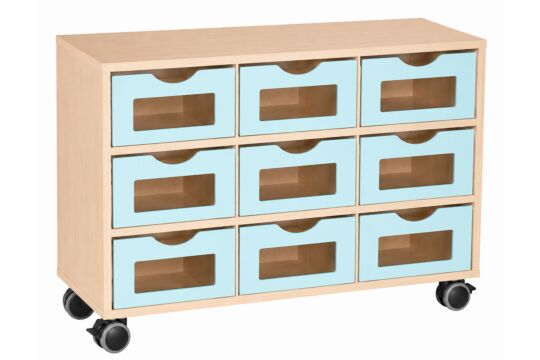 Schrank 2 Böden + 9 Materialkästen mit Fenster